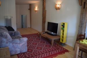ein Wohnzimmer mit einem Sofa und einem TV auf dem Tisch in der Unterkunft Spacious apartment in old farm close to Lac de Vouglans in La Tour-du-Meix