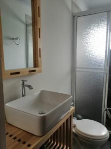 ein Badezimmer mit einem weißen Waschbecken und einem WC in der Unterkunft Hotel 42 Avenida in Palmira
