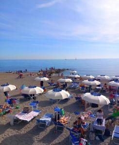 a group of people sitting on a beach with umbrellas at Hotel Principe in Pietra Ligure
