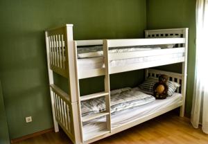 two bunk beds in a green room with a teddy bear at Ferienwohnung Jungbär - Die Wohlfühl-Adresse im Stangenwald in Sankt Ingbert