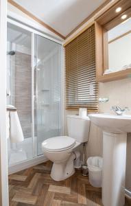 a bathroom with a toilet and a shower and a sink at Stewart Resort Lodge 25 in St Andrews