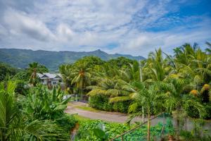 a resort with palm trees and mountains in the background at Green Park in Beau Vallon