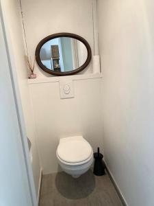 een kleine badkamer met een toilet en een spiegel bij Etoile dorée, vue mer, plage, clim, commerces, 3 étoiles in La Grande-Motte