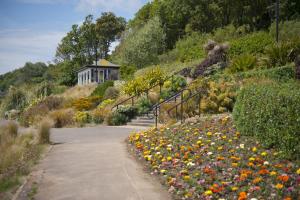 a garden with stairs and flowers on a hill at Lavender Cottage in Lyme Regis