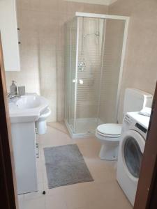 a bathroom with a shower toilet and a washing machine at [PIAZZA GARIBALDI] ELEGANTI SUITE CON SAUNA in Udine