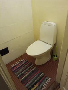 a bathroom with a white toilet and a rug at Kodu majutus in Tallinn