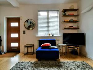 sala de estar con silla azul y TV en Beautiful central townhouse w/ parking for 2 cars, en Brighton & Hove
