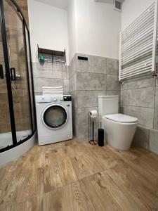 a bathroom with a washing machine and a toilet at Apartamenty Przy Rynku Trzebnica in Trzebnica