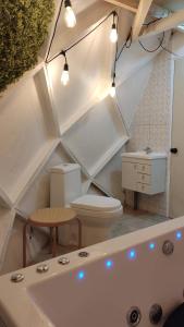 Coinco的住宿－RetroDOMOS，浴室设有卫生间和灯光浴缸。