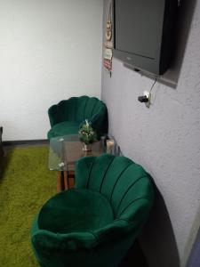 two green chairs and a table in a room at VINI studio with private parking in Skopje
