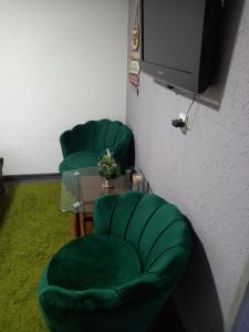 2 sillas verdes y una mesa en una habitación en VINI studio with private parking, en Skopje