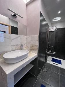 a bathroom with a white sink and a shower at Albergo Baffo in Chiuro