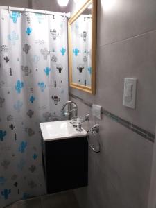 baño con lavabo y cortina de ducha en Mono Yoly en Villa Gesell