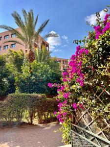 a garden with pink flowers and a palm tree and a building at Superbe Appartement avec terrasse et jardin au cœur de l’hivernage in Marrakesh