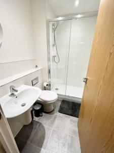 uma casa de banho com um WC, um lavatório e um chuveiro em Spacious 2 bed ground floor apartment, Free parking, close to Historic dockyard & Gunwharf Quays em Portsmouth
