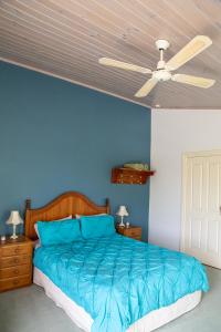 1 dormitorio azul con 1 cama y ventilador de techo en Jardine Lodge - Can sleep 22!, en Corryong