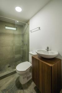 a bathroom with a toilet and a sink and a shower at Finca el Bosque in Montenegro