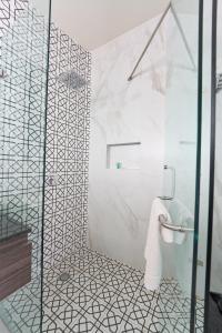y baño con ducha y aseo. en Hotel Estancia Business Class, en Guadalajara