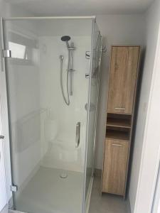 a bathroom with a shower with a glass door at Little White House on Ecclestone, Riverside in Alanvale