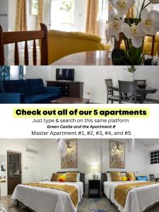 Un folleto para una habitación con 2 camas y una mesa en Green Castle Apartment#3 in City of Roseau, en Roseau
