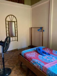 a bedroom with a bed and a mirror and a fan at Betania House in Drake