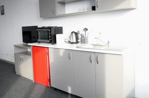 a kitchen with a sink and a microwave at Luana Airport Apartments #3 in Otopeni