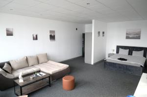 a living room with a couch and a bed at Luana Airport Apartments #3 in Otopeni