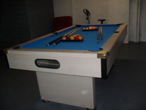 a pool table with a blue top and tongs at Gite de Peche in Saint-Ellier-du-Maine