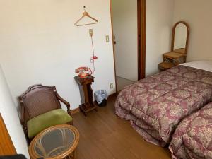 1 dormitorio con cama, silla y espejo en Pension Bonnard, en Hakuba