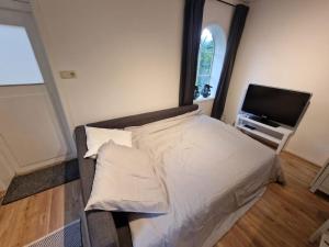 1 dormitorio con 1 cama y TV de pantalla plana en Huisje in Pieterburen, en Pieterburen