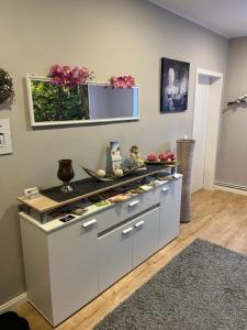 a kitchen with a counter top with flowers on the wall at Ferienwohnung im Harz Wohlfühltempel nähe Lamspringe in Winzenburg