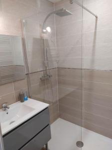 a bathroom with a glass shower and a sink at Au coeur de la nature in Saint-Vincent-Jalmoutiers