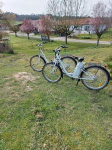 zwei Fahrräder, die im Gras auf einem Feld geparkt sind in der Unterkunft Au coeur de la nature in Saint-Vincent-Jalmoutiers
