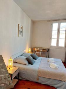 a bedroom with a large bed and two windows at T2 de charme, centre ville historique de Tarbes in Tarbes