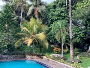 a swimming pool in a yard with palm trees at Lali Villa & Fruit Garden in Galle