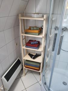 a bathroom with a rack of towels and a shower at Ferienhaus Yanic in Neuharlingersiel