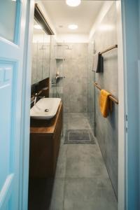 uma casa de banho com um lavatório e um chuveiro em Volenter Lux Apartment Zero em Baja