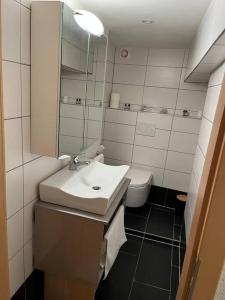 uma casa de banho com um lavatório e um WC em Appartement rénové em Savièse