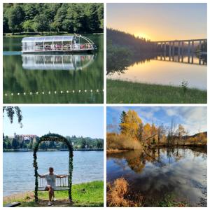 four different pictures of a boat on a lake at Apartman Orhideja in Fužine
