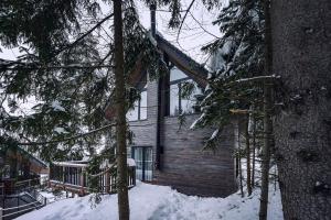 une maison en bois dans la neige avec des arbres enneigés dans l'établissement Chata pod žlabom, à Liptovský Mikuláš