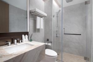 La salle de bains est pourvue de toilettes, d'un lavabo et d'une douche. dans l'établissement Ascott Dadonghai Bay Sanya, à Sanya