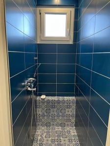 een blauw betegelde badkamer met een douche en een raam bij Haut de villa avec jacuzzi et extérieur in Lançon-Provence