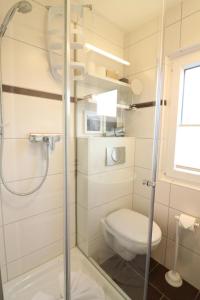 une salle de bain avec toilettes et douche en verre dans l'établissement Langeooger Viermaster - Gelbes Segel, à Langeoog 9 autres photos