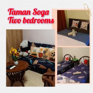 a collage of pictures of a room with a bed and a table at Snoopy homestay Two Bedroom in Batu Pahat