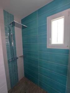 La salle de bains est pourvue d'une douche en verre et d'une fenêtre. dans l'établissement A tribord: maison chaleureuse à 5min de la plage, à La Cotinière