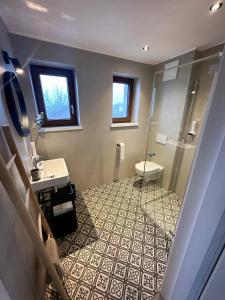 a bathroom with a shower and a toilet and a sink at Hotel Der Drahtesel in Bramberg am Wildkogel