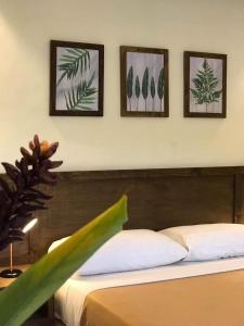 1 dormitorio con 1 cama con 4 cuadros en la pared en Forest garden residence en Bilar