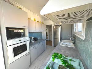 uma cozinha com um fogão e um lavatório em Viva Riviera Large 1 Bedroom with Sunny Terrace em Cannes