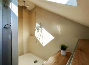 a bathroom with a shower and a toilet and a sink at Auszeit im Grünen - Ferienwohnung in Hünxe in Hünxe