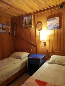 Cabana Fantanita cu Brazi في بويانا براسوف: غرفة صغيرة بسريرين ومصباح